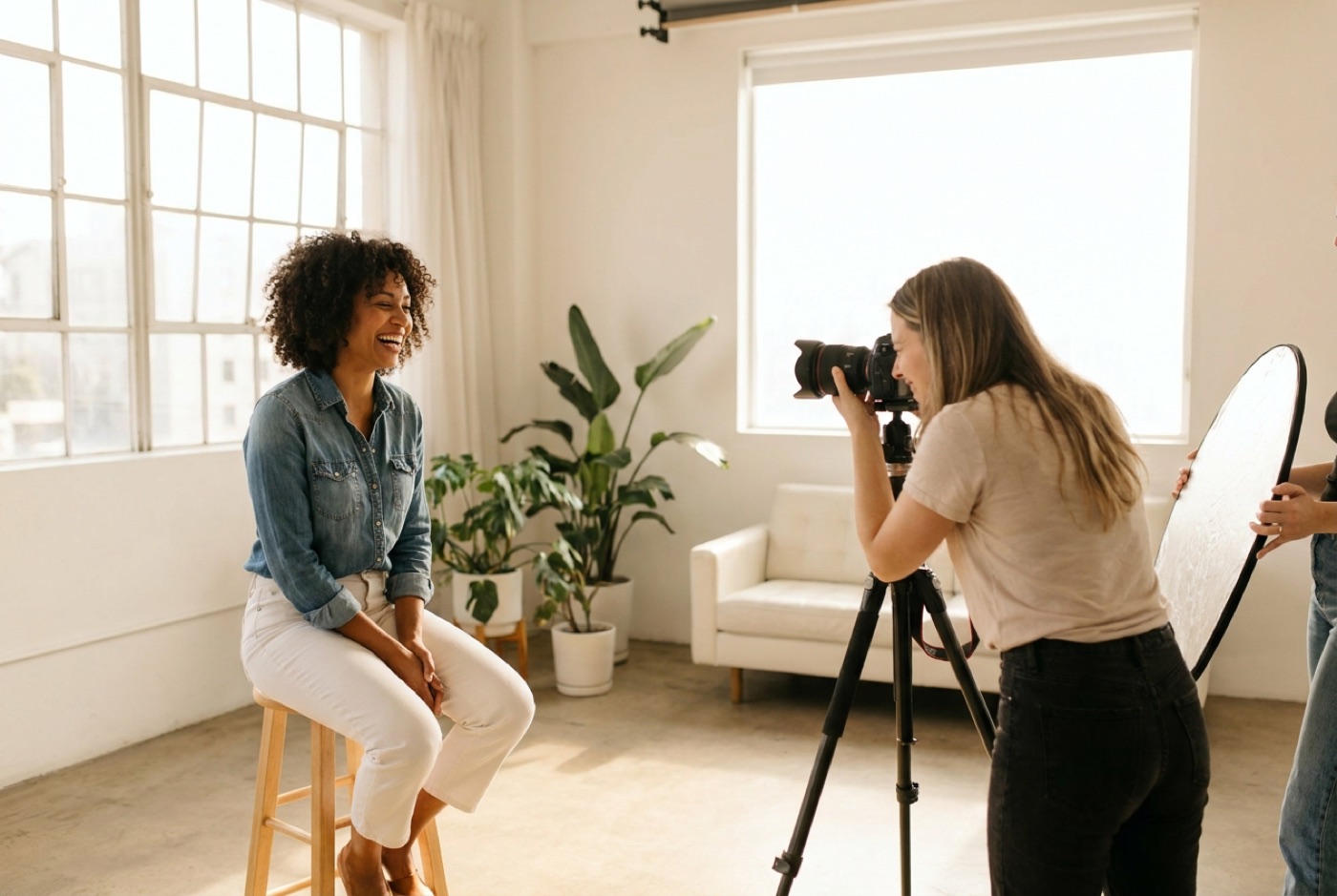 A commercial model on a relatable lifestyle advertising shoot