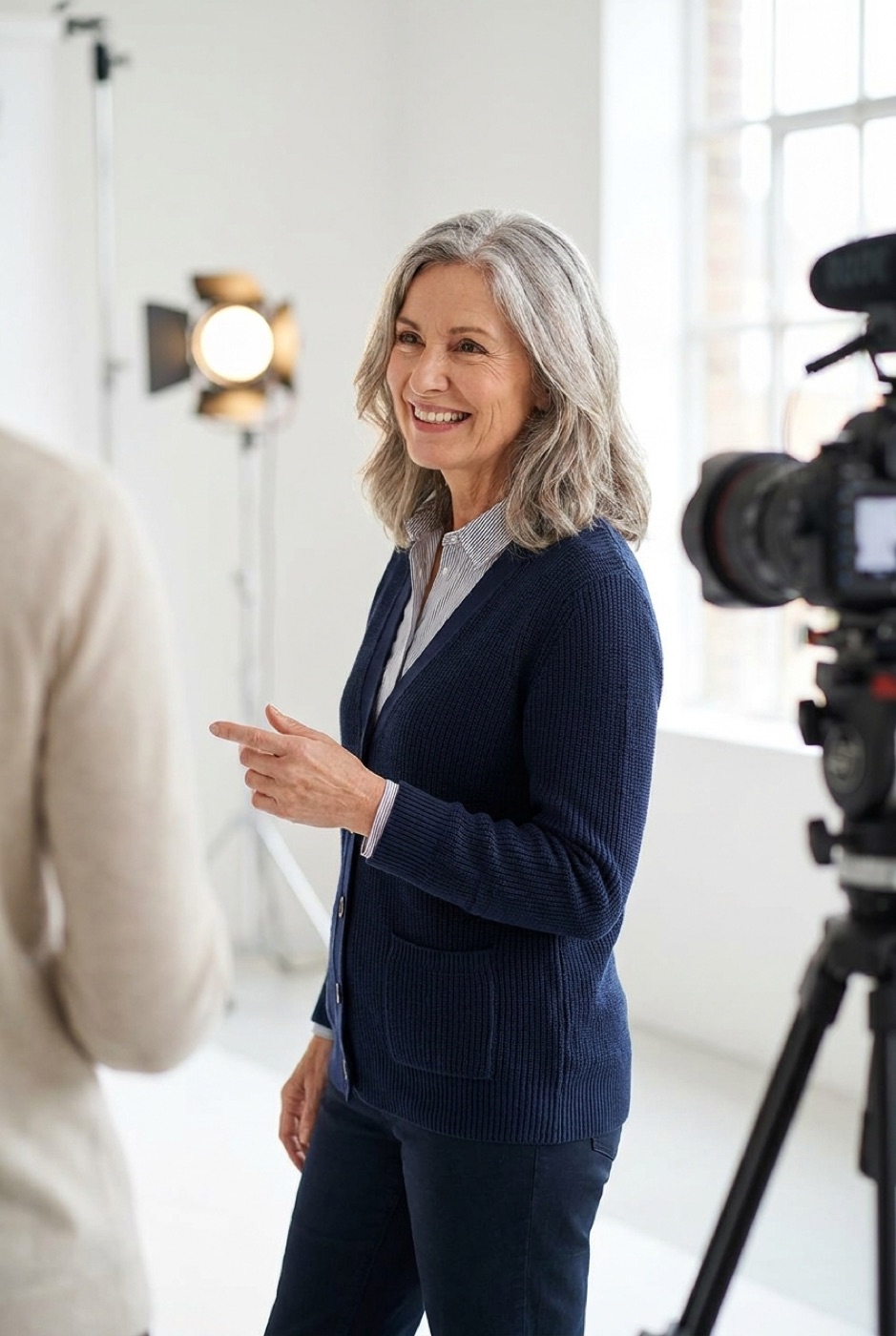 An over-50 commercial model on an advertising shoot