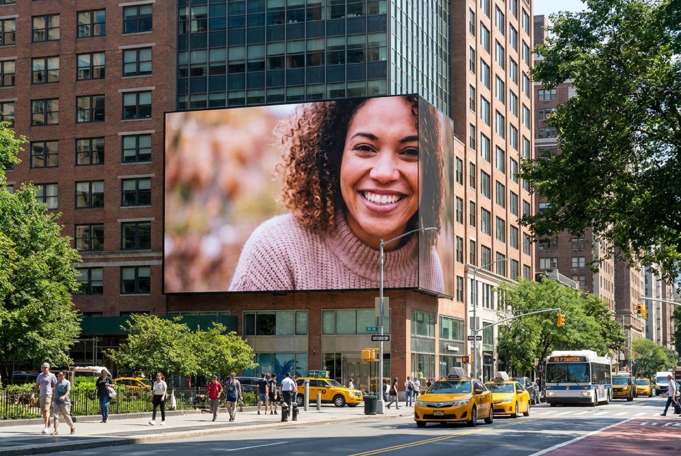 A commercial model on a city advertising billboard