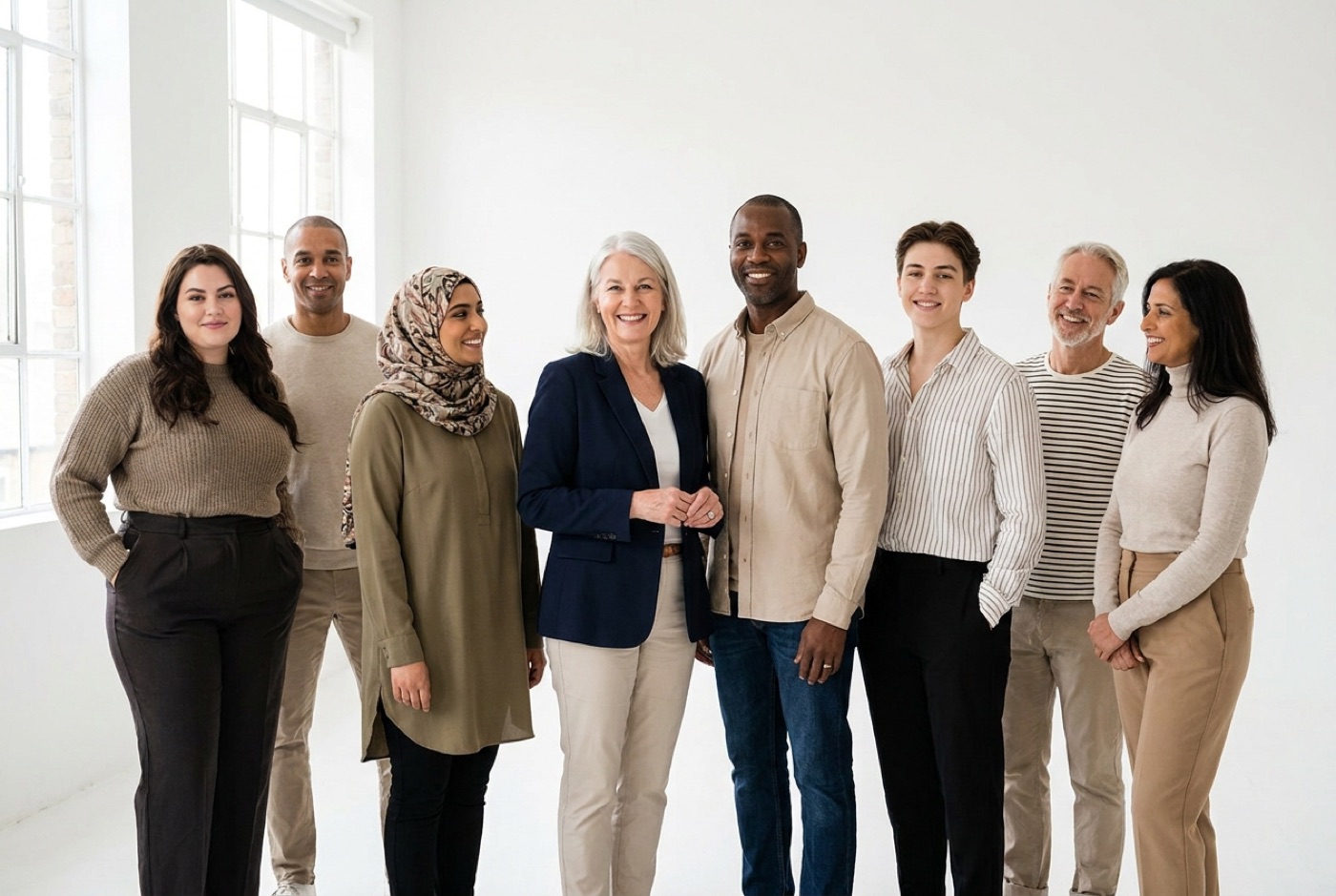 A diverse line-up of commercial models of different ages, sizes and ethnicities