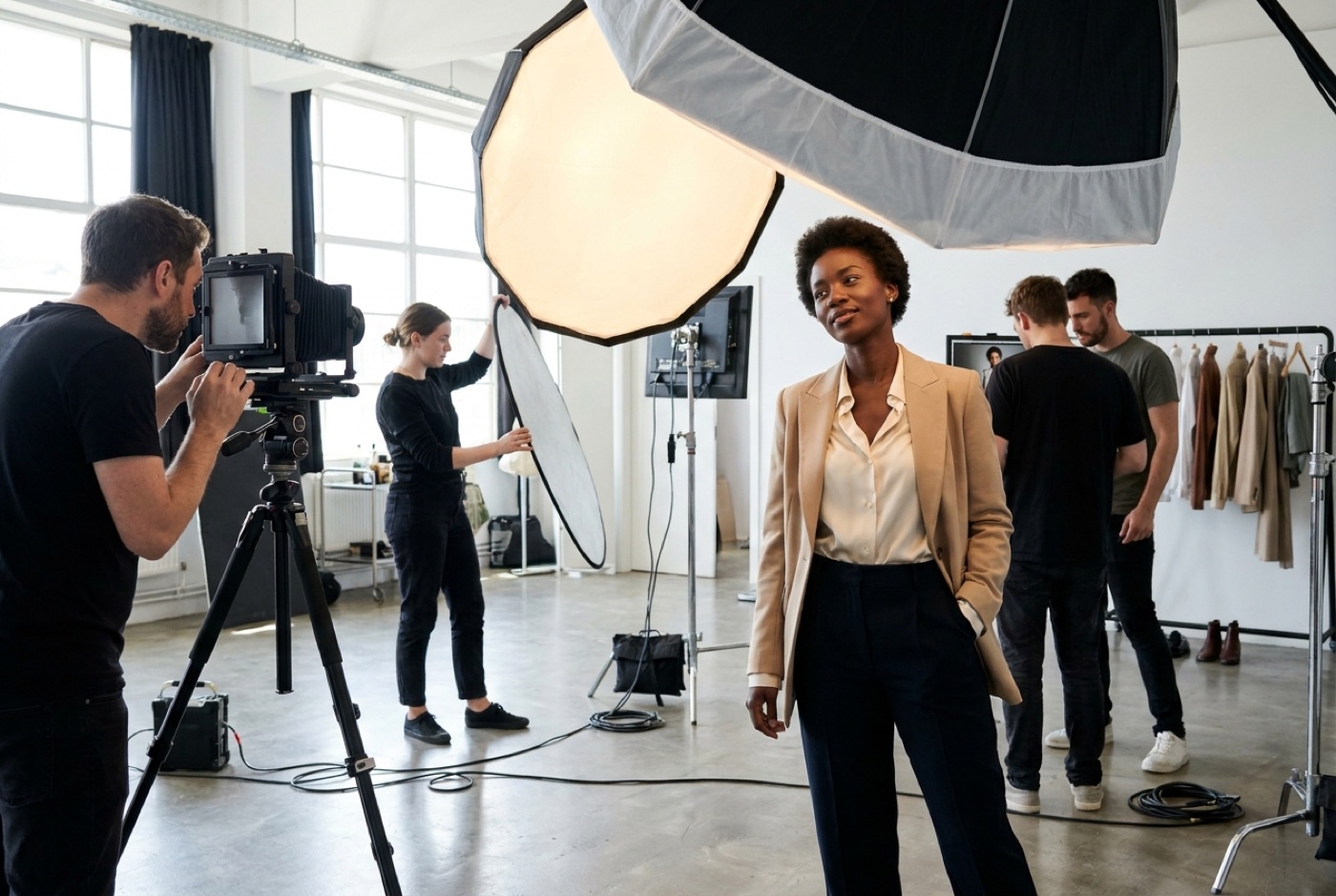 Model on a commercial fashion campaign shoot in a London studio