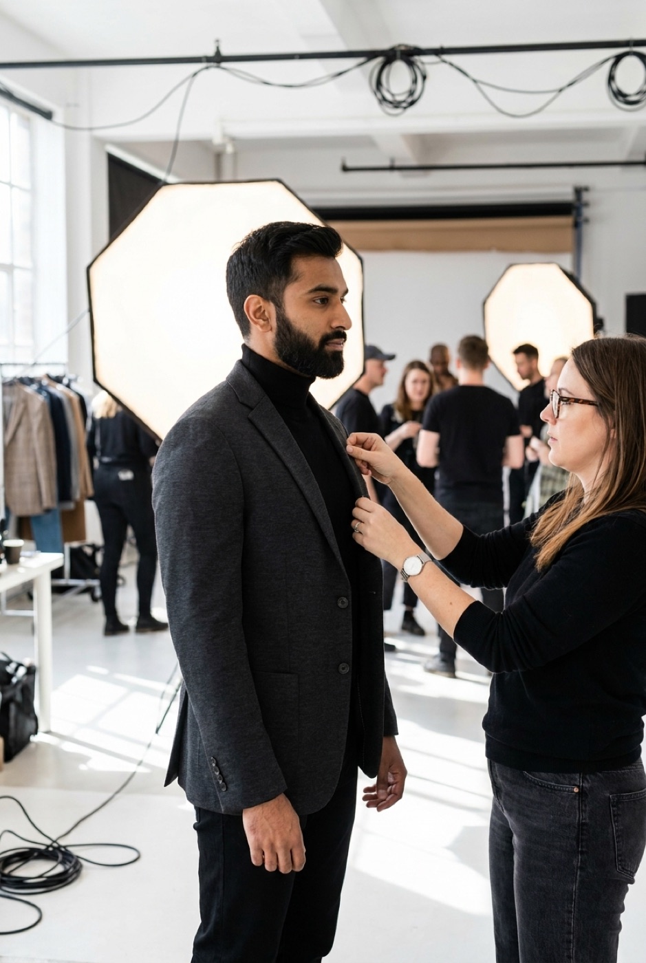 Model being styled on a commercial photo shoot