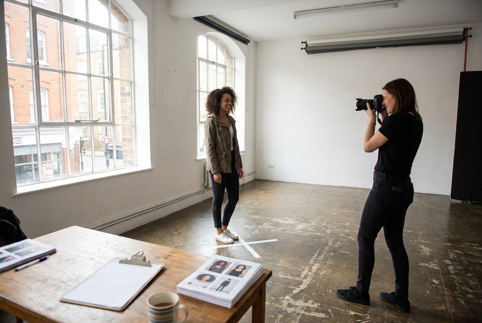A model standing on a taped mark in a bright London casting studio while an assistant photographs her digitals