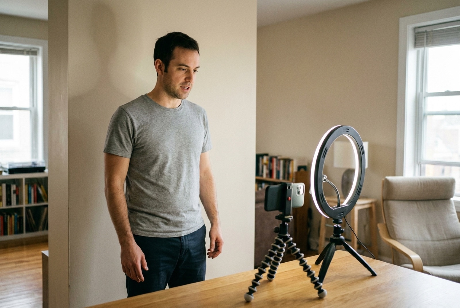 A model recording a self-tape casting at home with a phone on a tripod and a ring light against a plain wall
