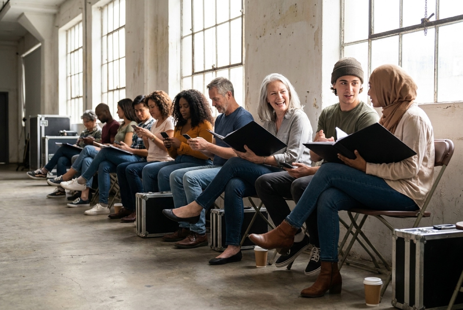 A row of models of different ages, sizes and ethnicities waiting on chairs at a casting with portfolios in hand
