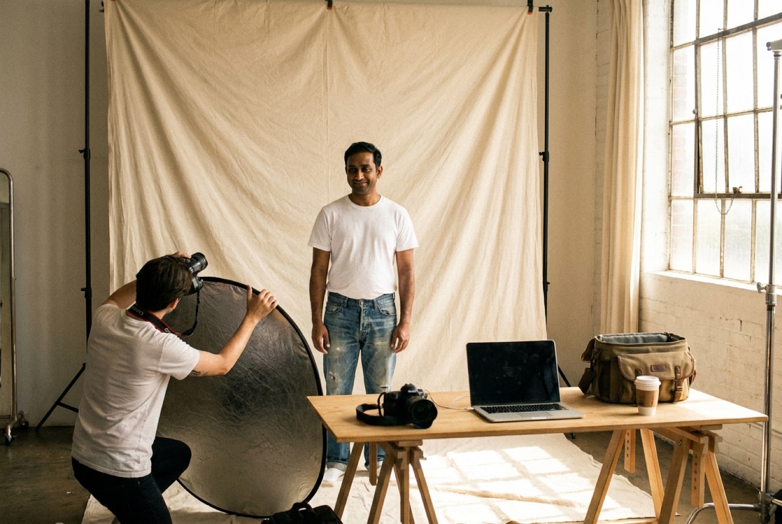 A new face at a first test shoot with a photographer adjusting a reflector in a daylight studio