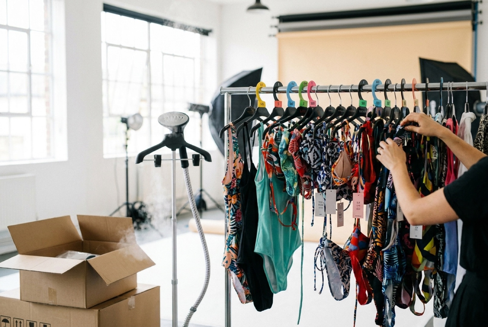 A studio garment rail of high-street swimwear with size tags, a steamer and packing boxes nearby